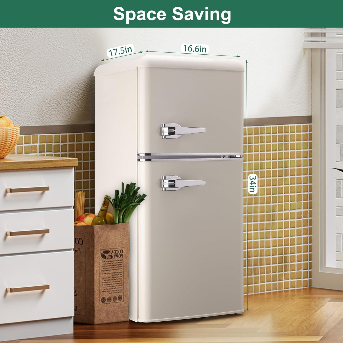 Mini, 2-door, refrigerator with dimensions displayed in a kitchen setting