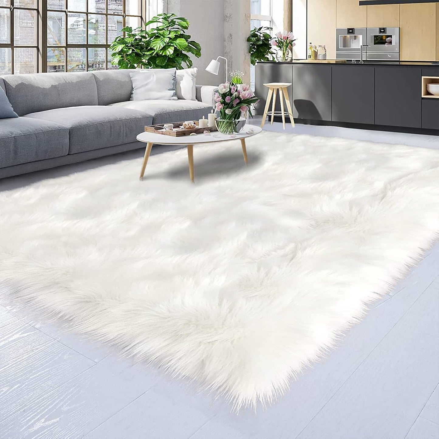 White faux fur rug for dorms – soft and cozy accent rug for warmth and style.