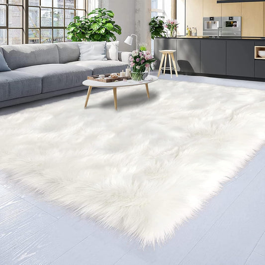 White faux fur rug for dorms – soft and cozy accent rug for warmth and style.