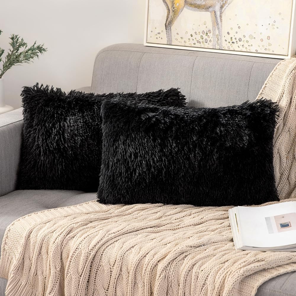 Dorm throw pillow in black fur