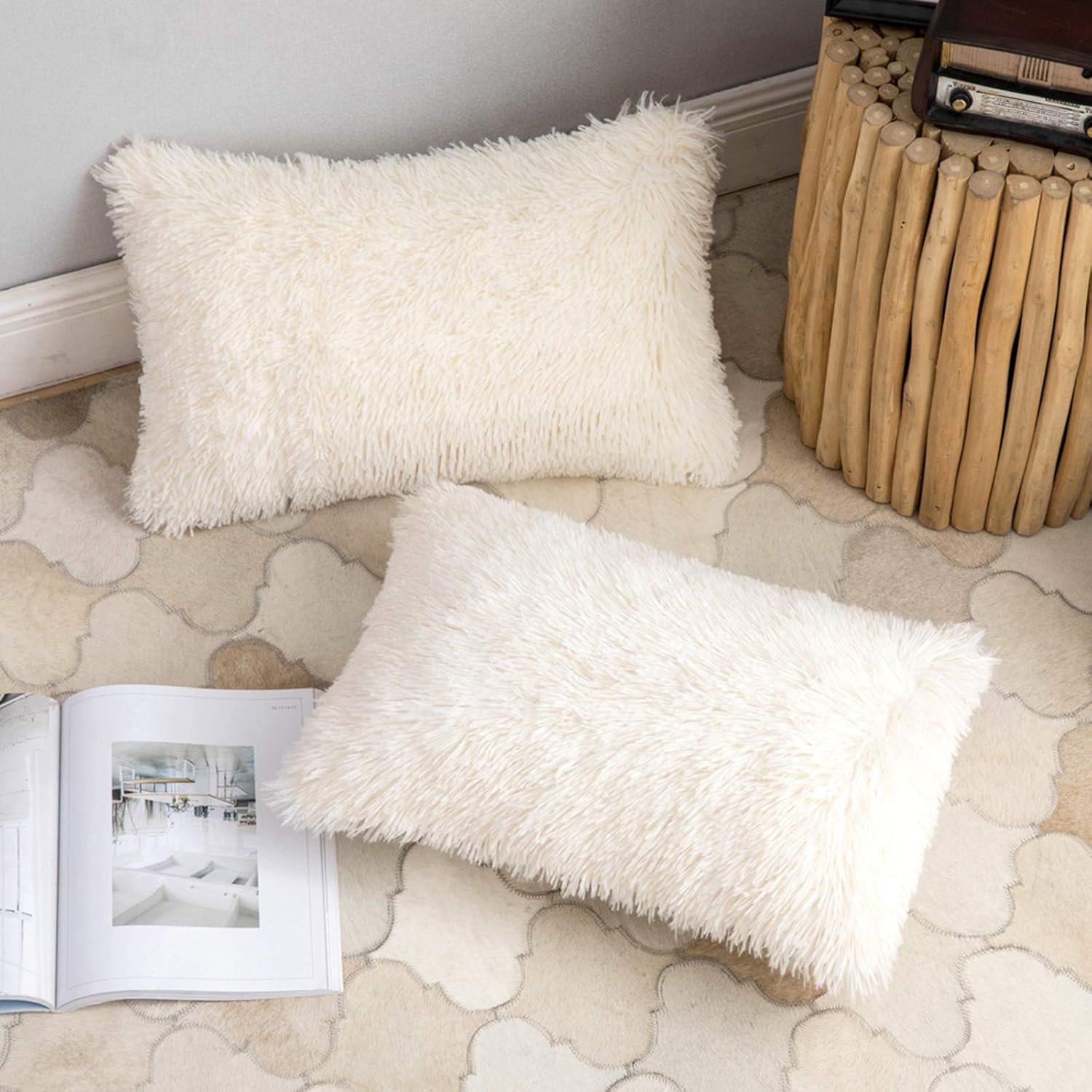 Dorm throw pillow in cream fur