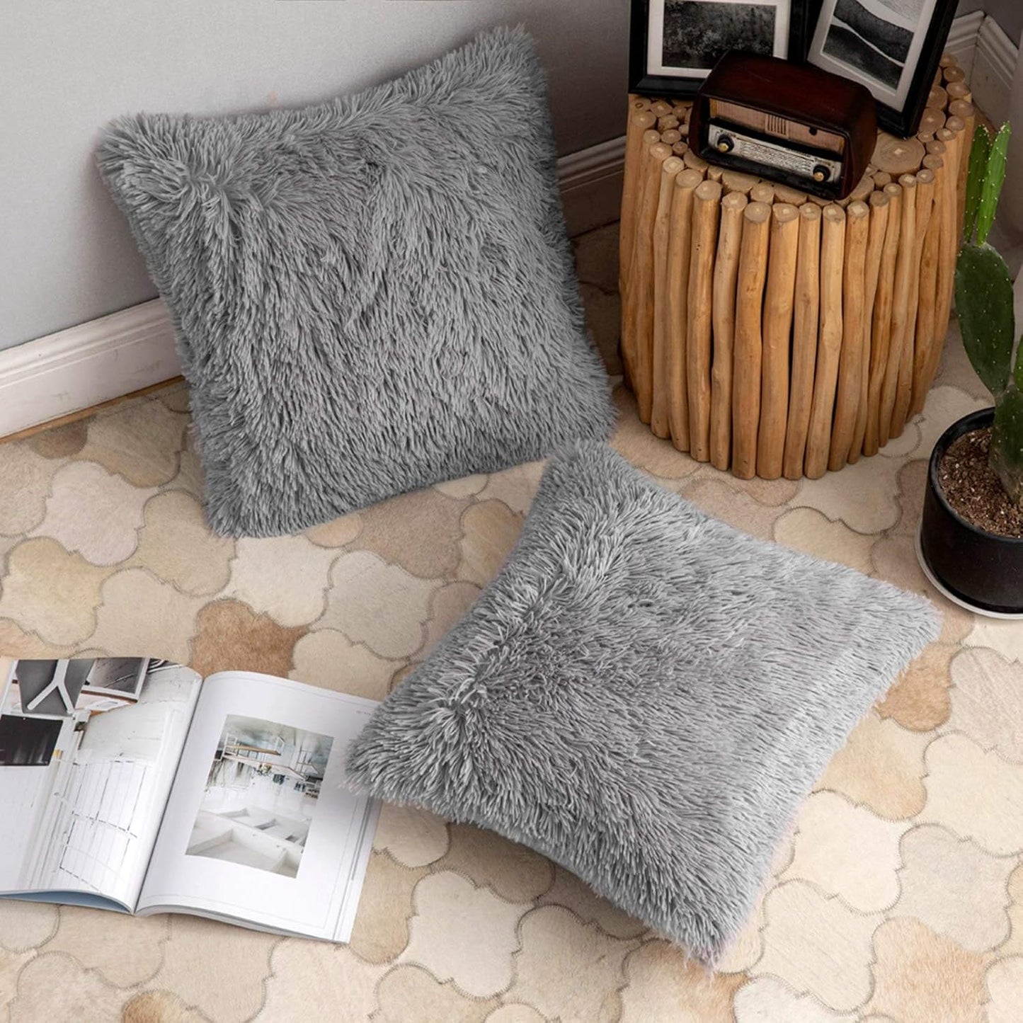 Dorm throw pillow in grey fur