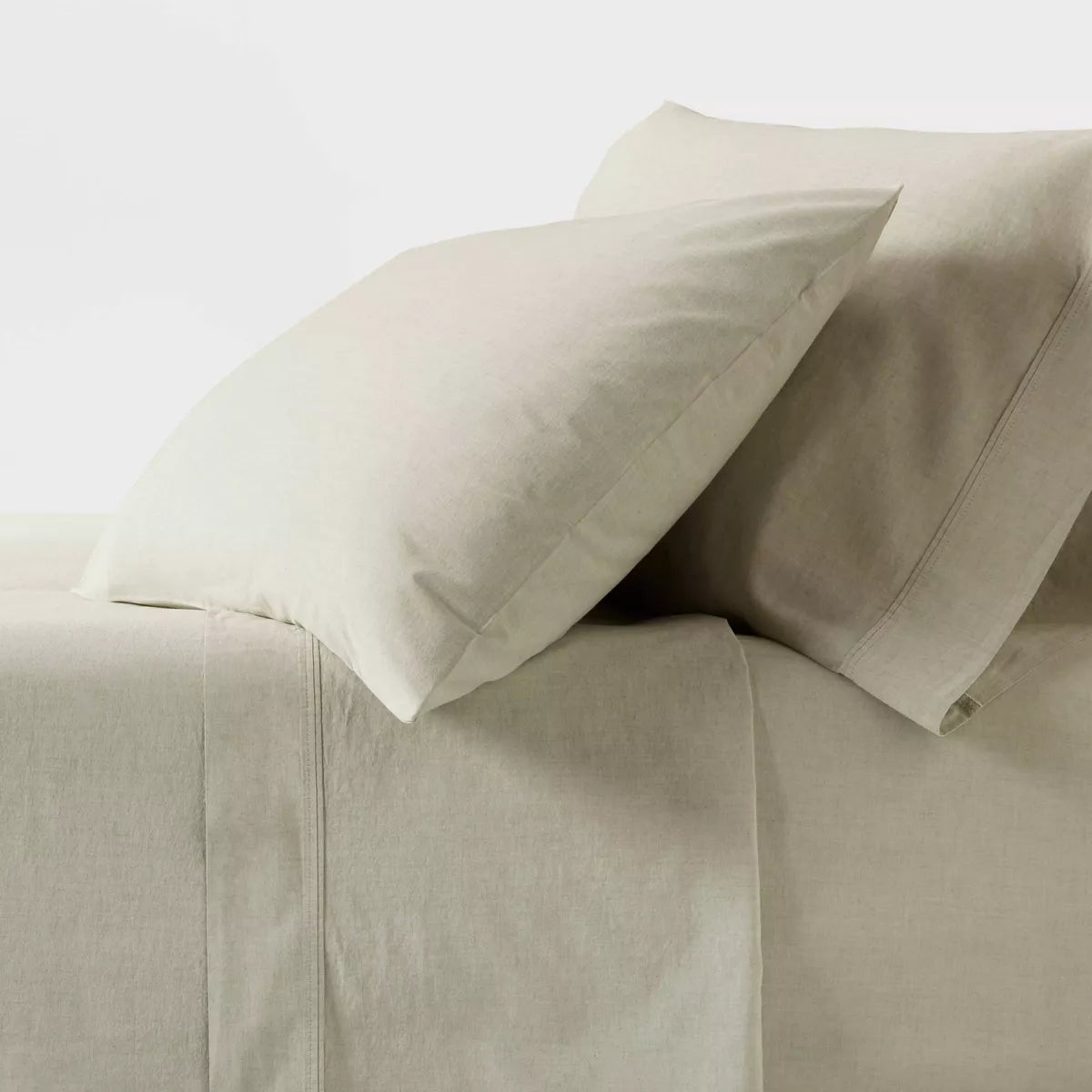 100% cotton percale, Target 350 thread count, twin xl dorm sheets in green chambray