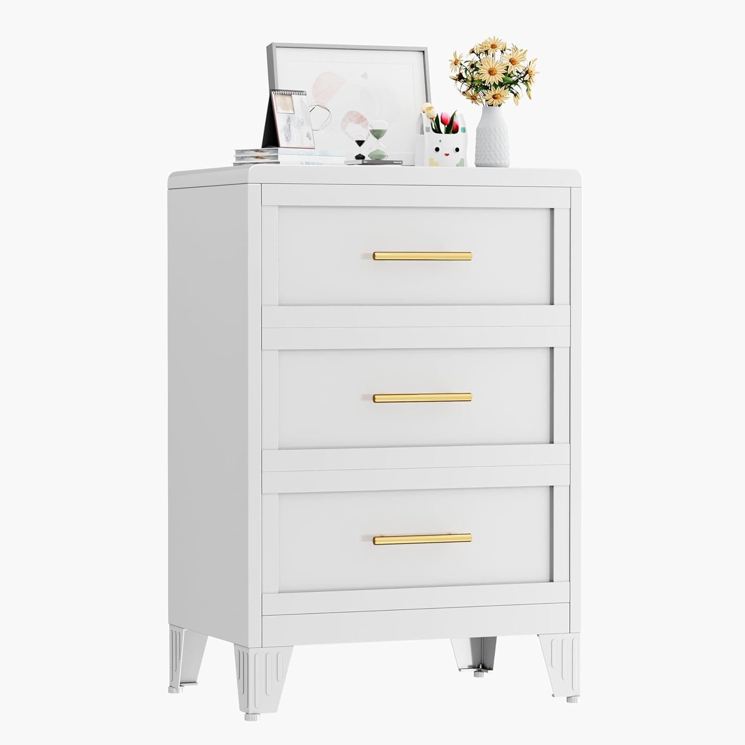 White metal, 3-drawer dorm nightstand with gold handles -  great for storage with glam and modern aesthetic dorm decor