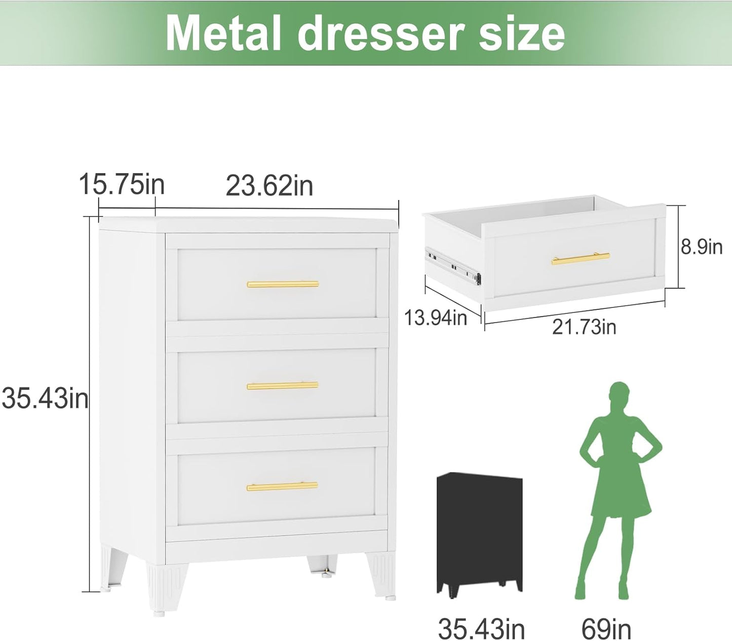 White metal, 3-drawer dorm nightstand with gold handles -  great for storage with glam and modern aesthetic dorm decor