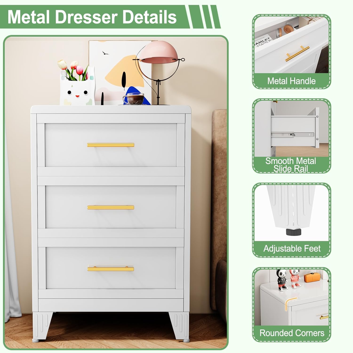 White metal, 3-drawer dorm nightstand with gold handles -  great for storage with glam and modern aesthetic dorm decor