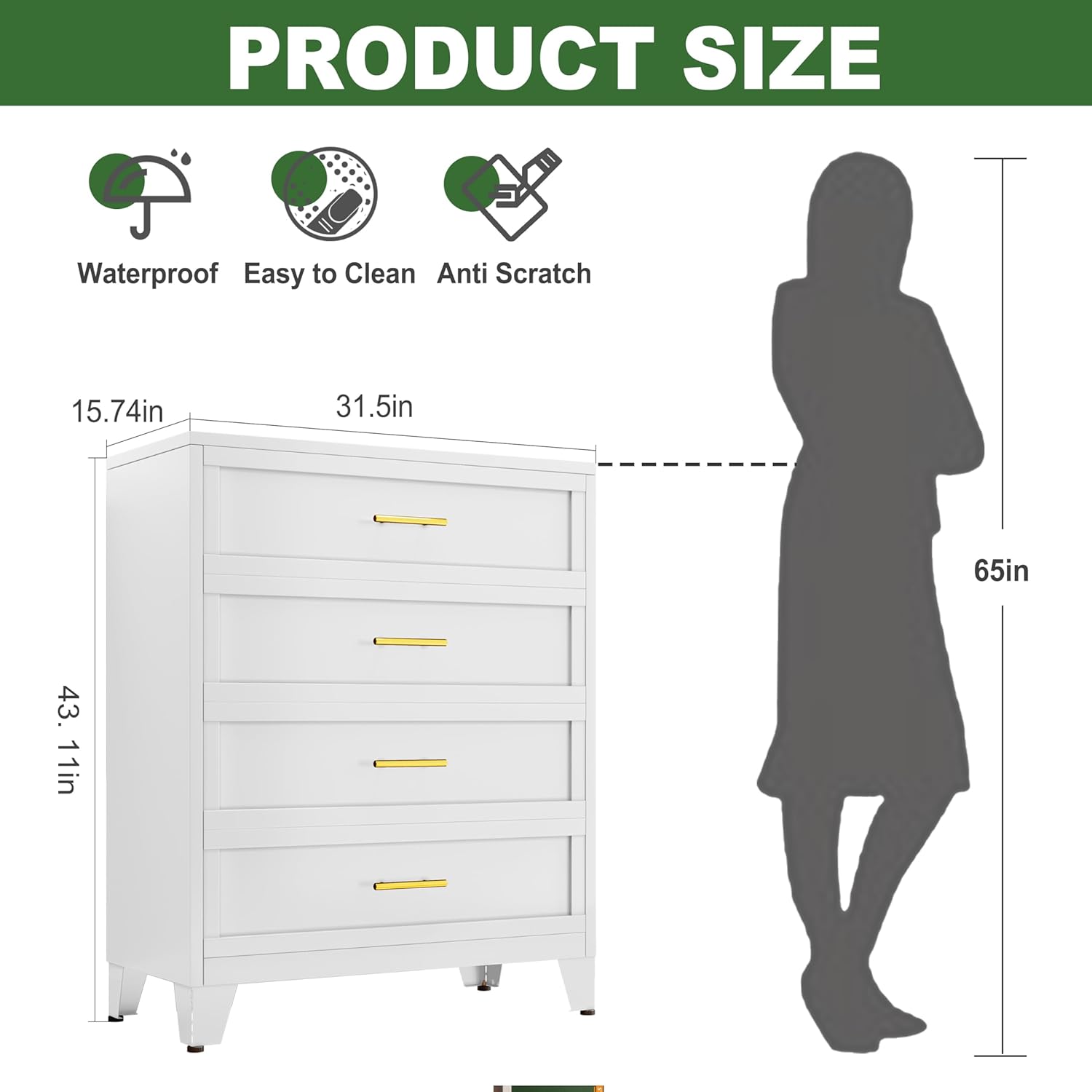 White metal, 4-drawer dorm nightstand with gold handles -  great for storage with glam and modern aesthetic dorm decor