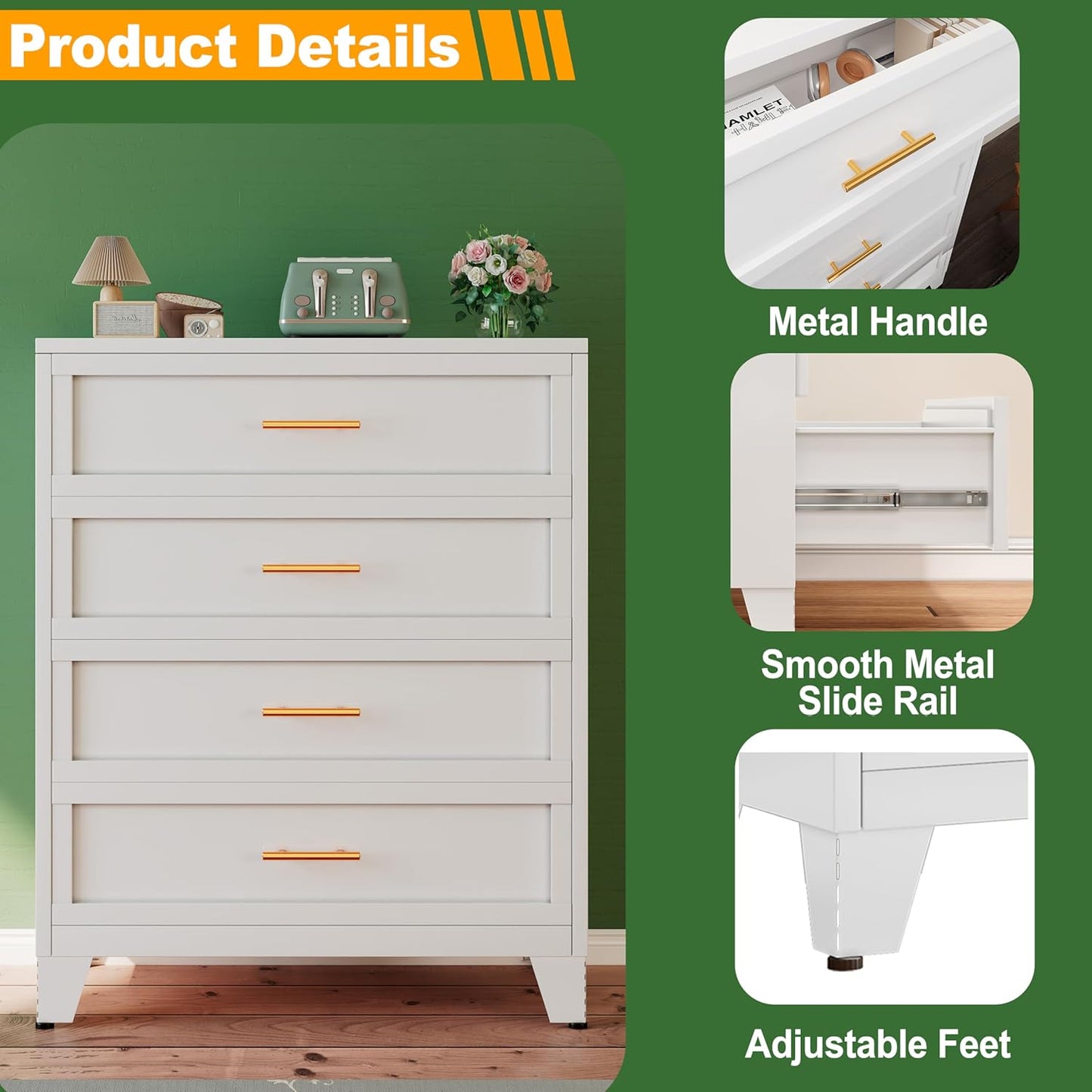 White metal, 4-drawer dorm nightstand with gold handles -  great for storage with glam and modern aesthetic dorm decor