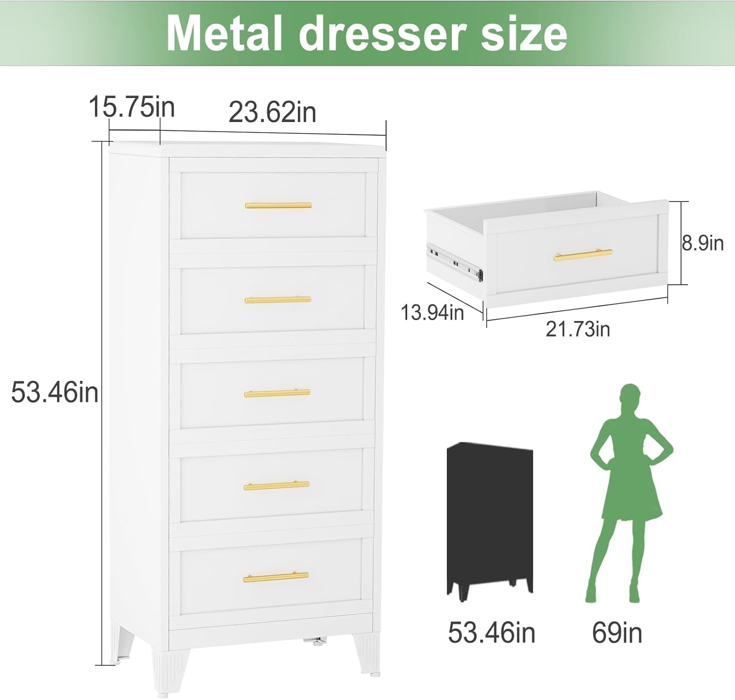 White metal, 7-drawer dorm nightstand with gold handles -  great for storage with glam and modern aesthetic dorm decor