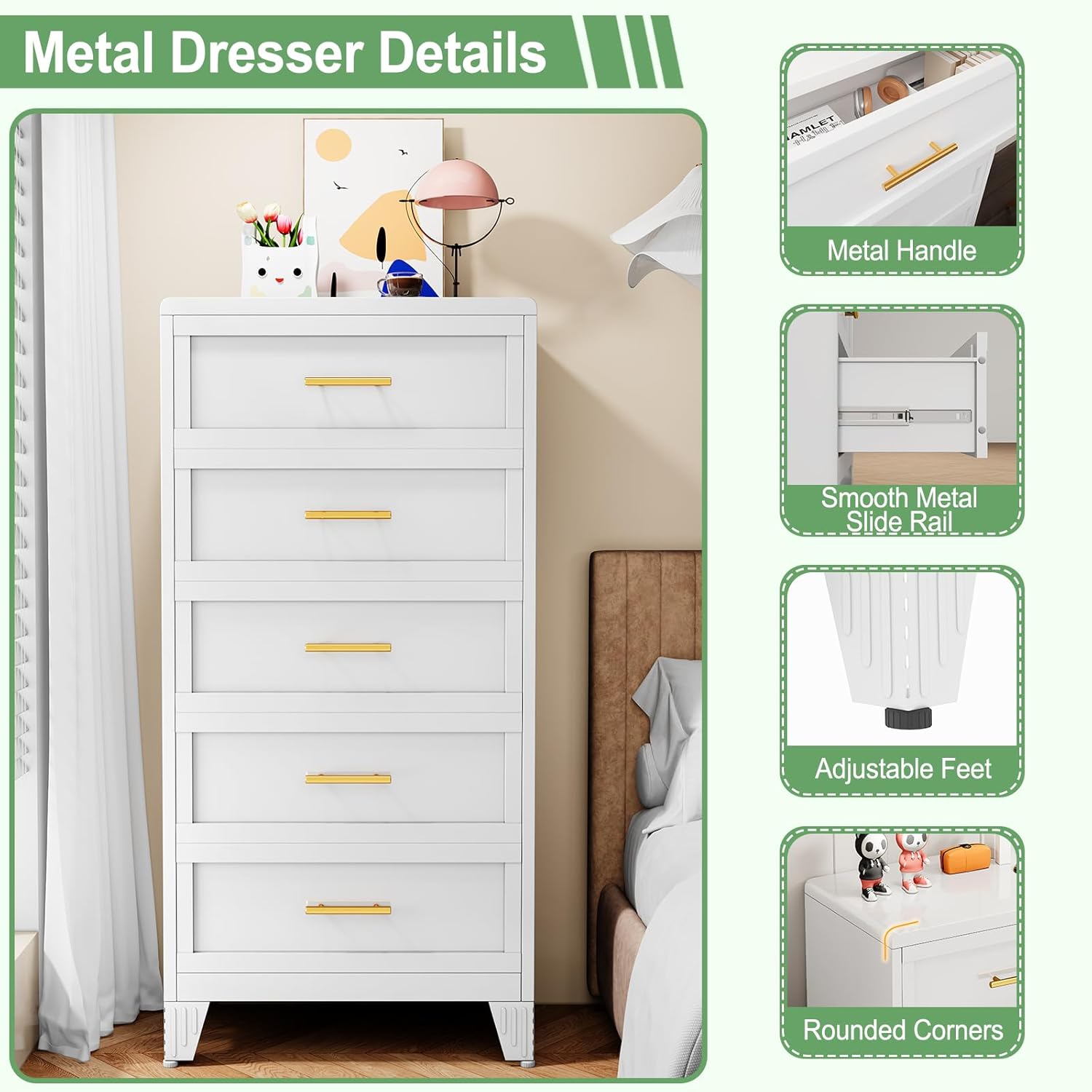 White metal, 7-drawer, tall dorm nightstand with gold handles -  great for storage with glam and modern aesthetic dorm decor