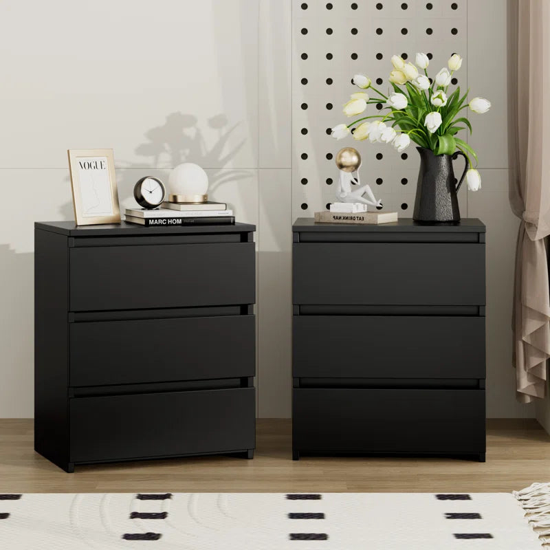 Modern black set of nightstands with three drawers for a chic dorm room setup, with measurements.