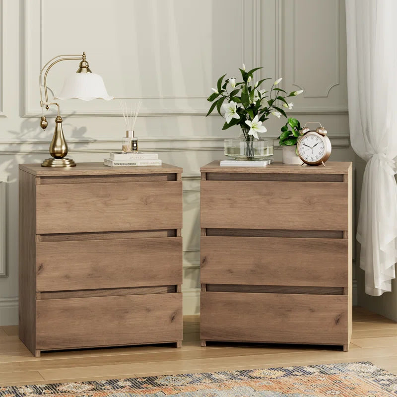 Modern brown set of  nightstands with three drawers for a chic dorm room setup, with measurements.