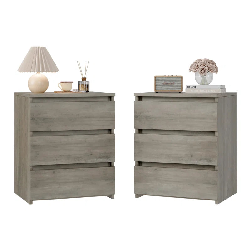 Modern grey set of nightstands with three drawers for a chic dorm room setup, with measurements.