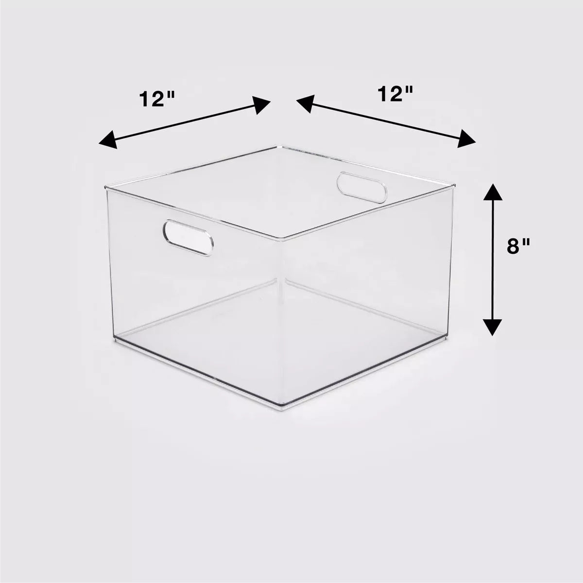 Clear storage bin with dimensions labeled perfect for dorm organization