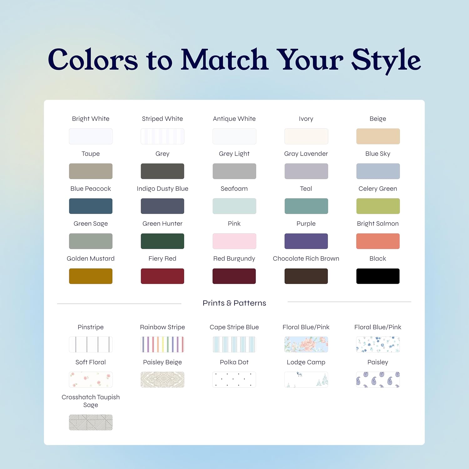 Color swatch chart with various color options and patterns on a light blue background