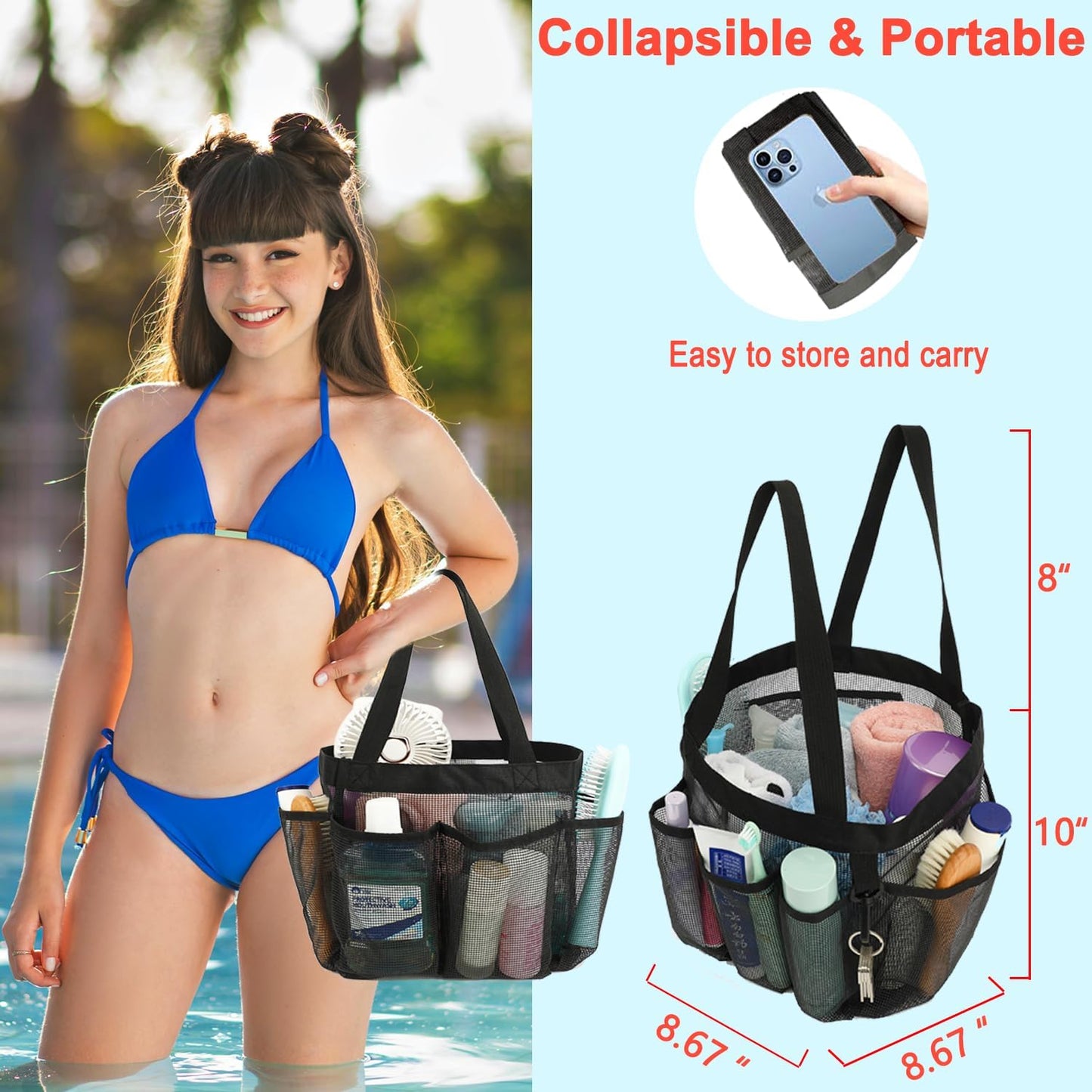 Dorm shower caddy with long handles with measurements