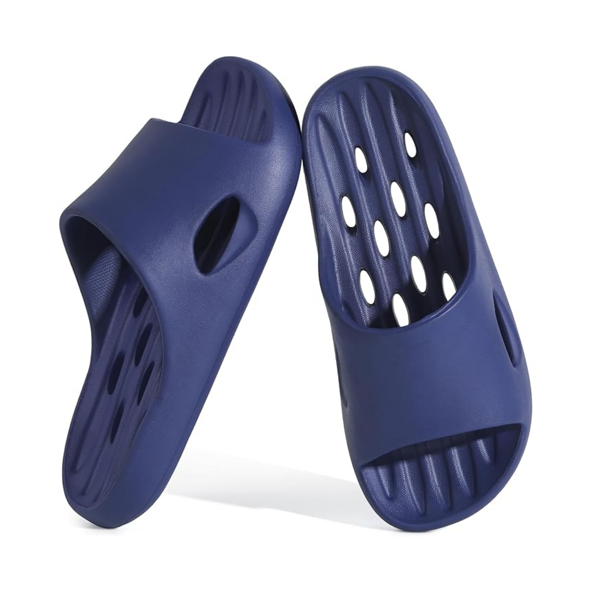 Pair of navy blue slides, shower shoes with ventilation holes perfect for dorm showers