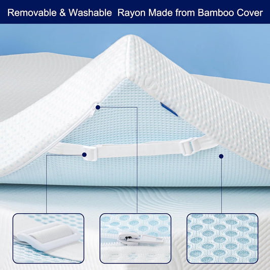 Mattress cover with text 'Removable & Washable Rayon Made from Bamboo Cover' on a blue background.