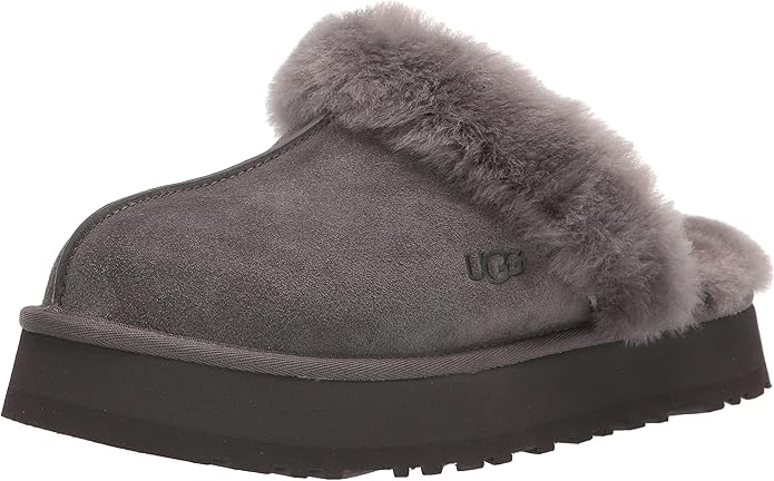 Gray Ugg slipper with fuzzy texture perfect for dorm or even for class