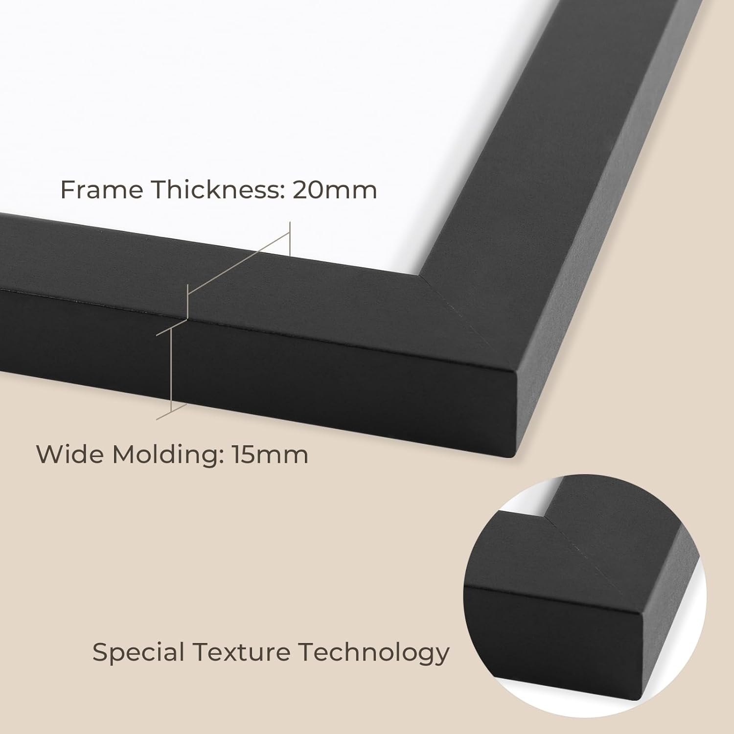Black picture frame with measurements and texture details on a beige background for dorm decor