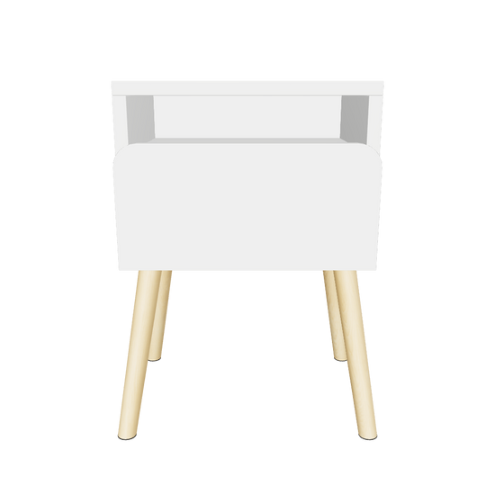 White dorm room night table with drawer and wood legs