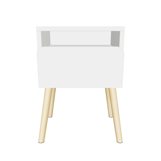 White dorm room night table with drawer and wood legs